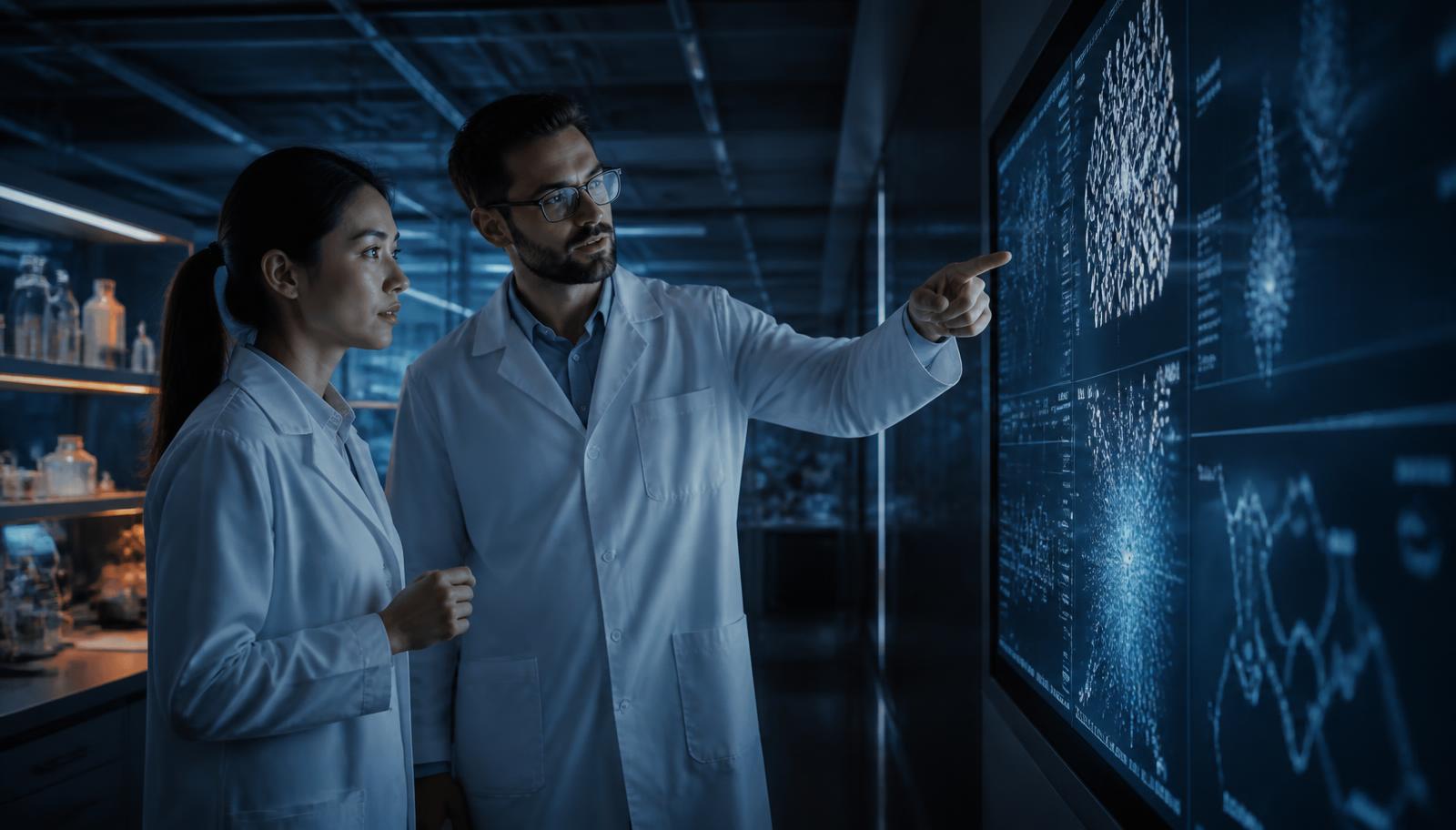 Two research scientists reviewing molecular data on a large laboratory display